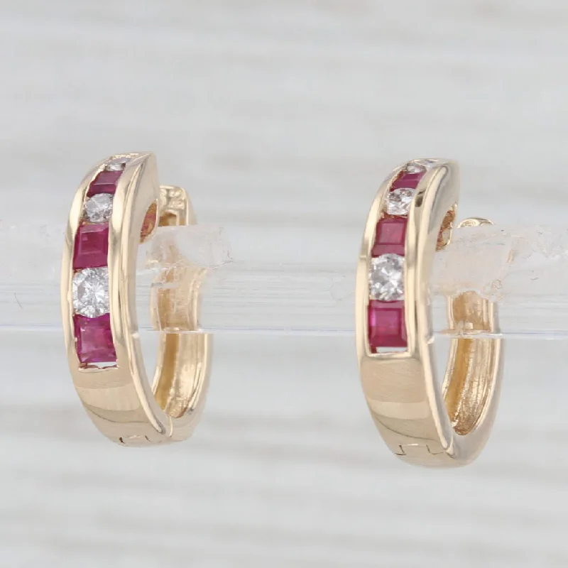 women's earrings with square shape -0.84ctw Ruby Diamond Hoop Earrings 14k Yellow Gold Hinged Snap Top Hoops