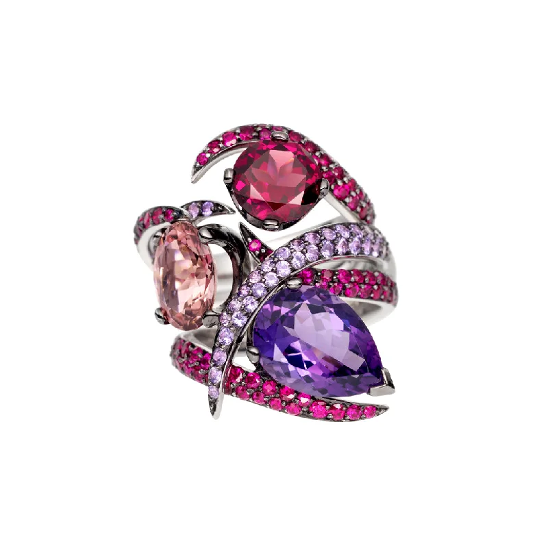 women's rings with diamond center stone -Interlocking Aurora Ring Set - 18ct White Gold & Amethyst, Pink Tourmaline & Rhodalite