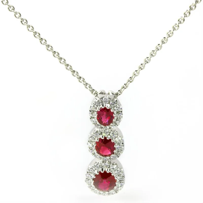 women's necklaces with classic pendant -Ruby & Diamond Oval Halo Three Stone Pendant Necklace