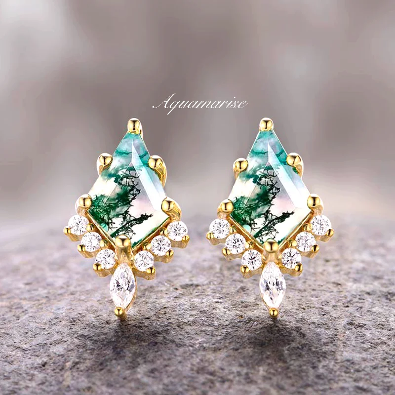 women's earrings with moonstone -Skye Kite™  Kite Green Moss Agate Stud Earrings- 14K Yellow Gold Vermeil