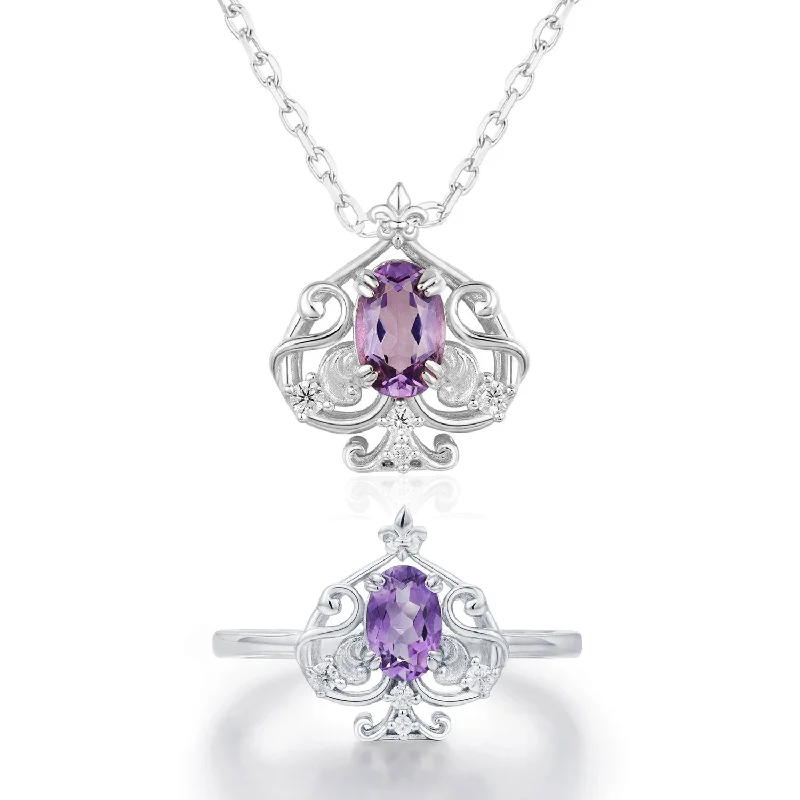 women's necklaces with vintage charm -Leafy Spade Amethyst Ring and Necklace Set