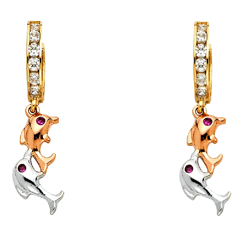 women's earrings with antique-style design -14K Tri-Color Gold CZ Dolphin Hanging Earrings