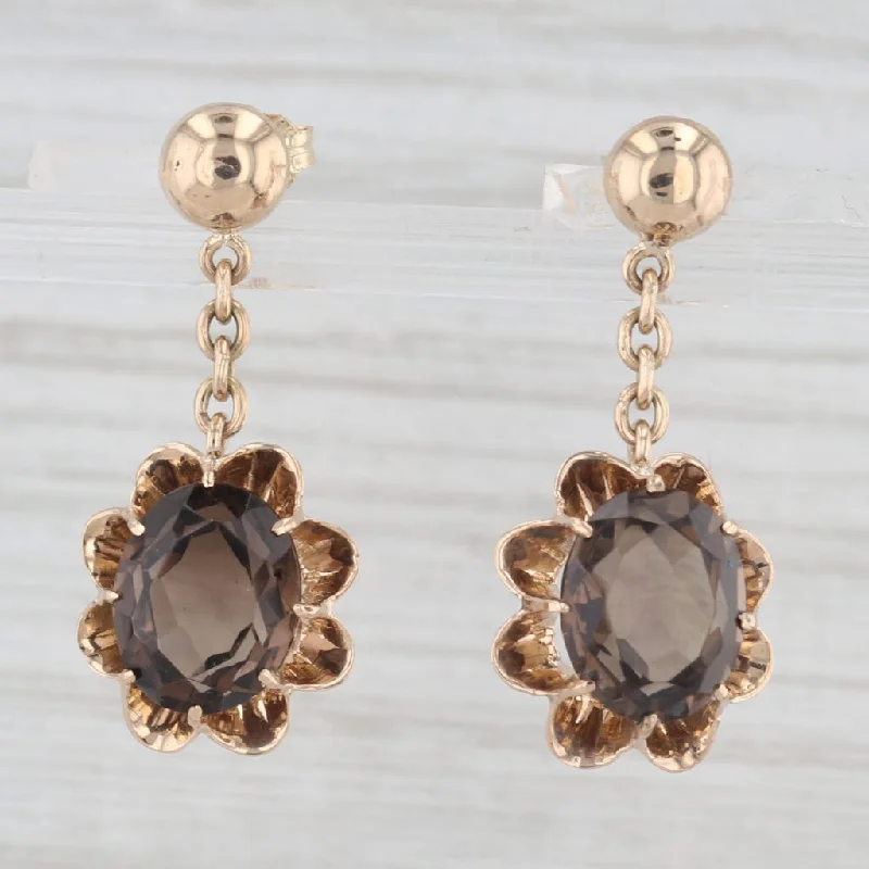 women's earrings with statement crystals -5ctw Smoky Quartz Dangle Flower Earrings 14k Yellow Gold Belcher Setting Drops