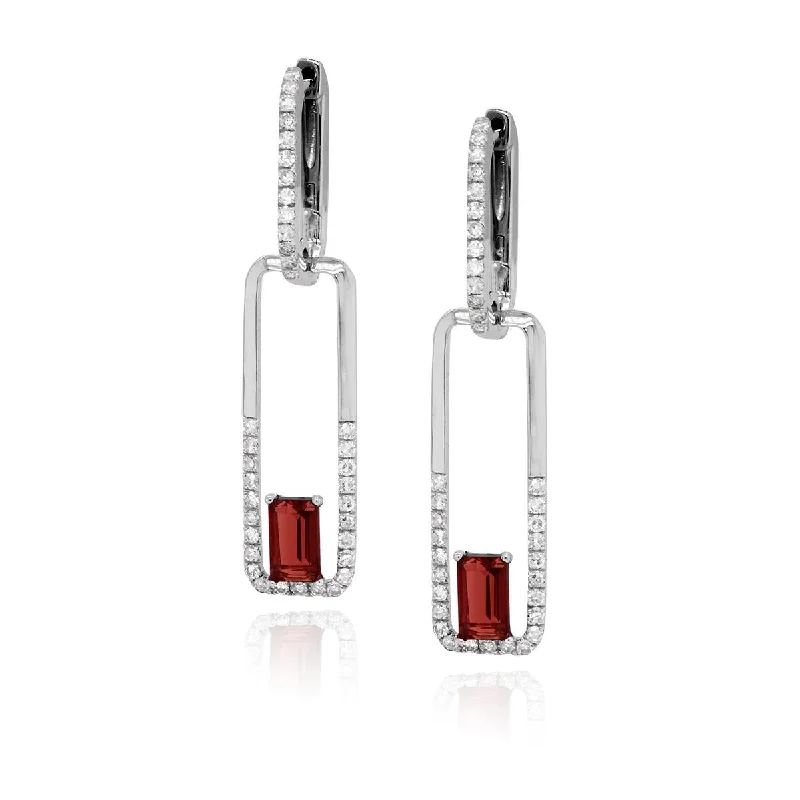 women's earrings with geometric shapes -WHITE GOLD PAPERCLIP STYLE GARNET AND DIAMOND DANGLE EARRINGS, .36 CT TW