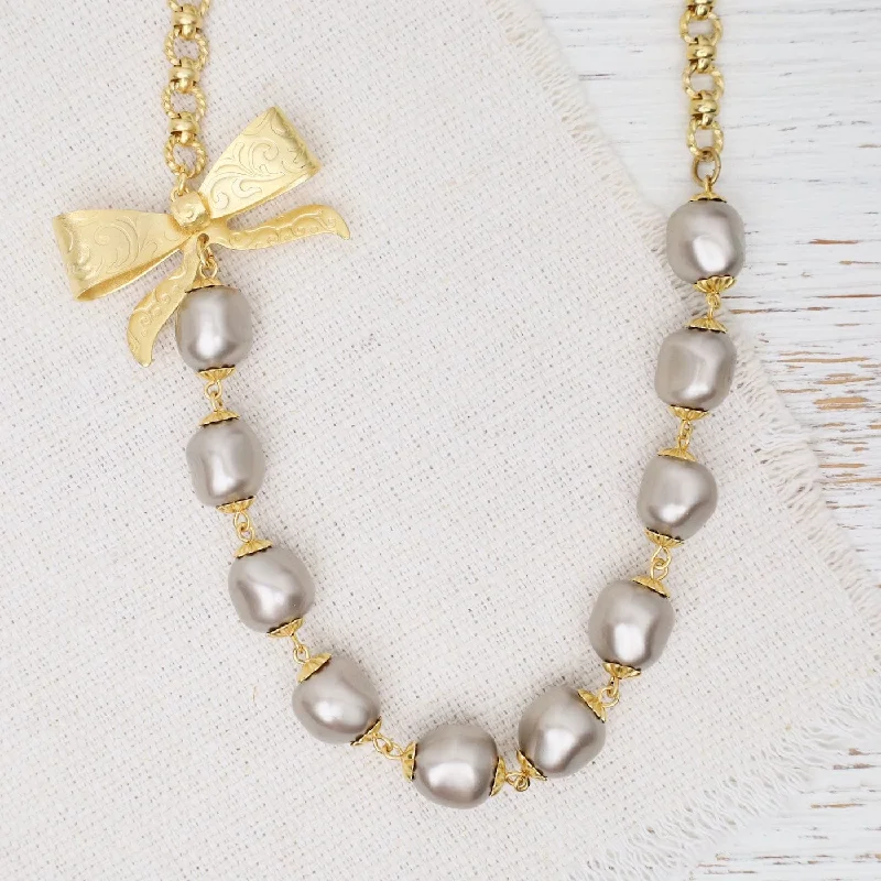 women's necklaces with opal -Grey Glass Pearl and Bow Necklace