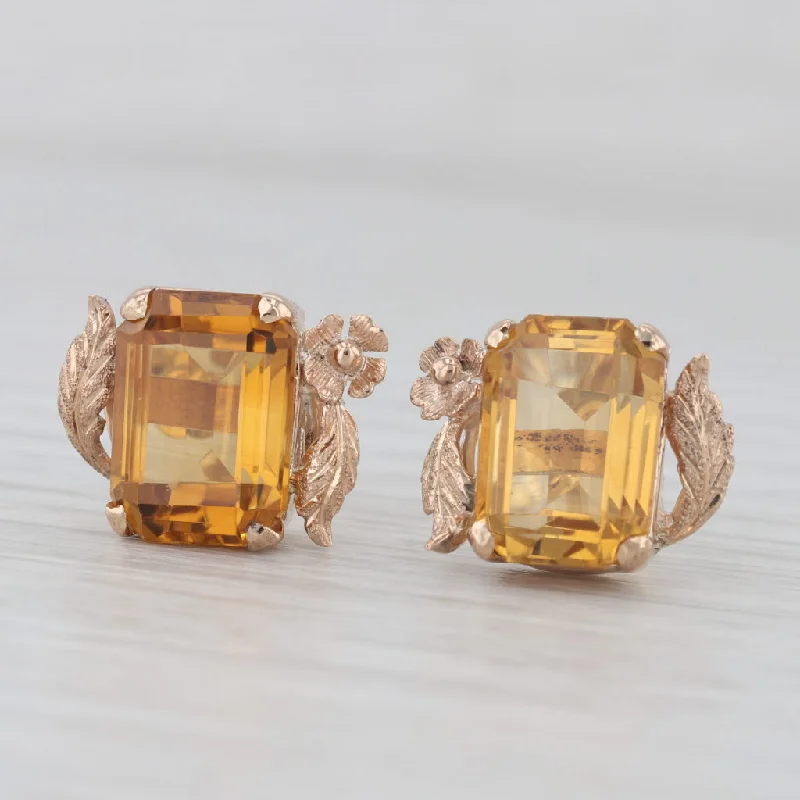 women's earrings with twisted hoop design -7.35ctw Citrine Floral Stud Earrings 10k Yellow Gold Pierced Vintage