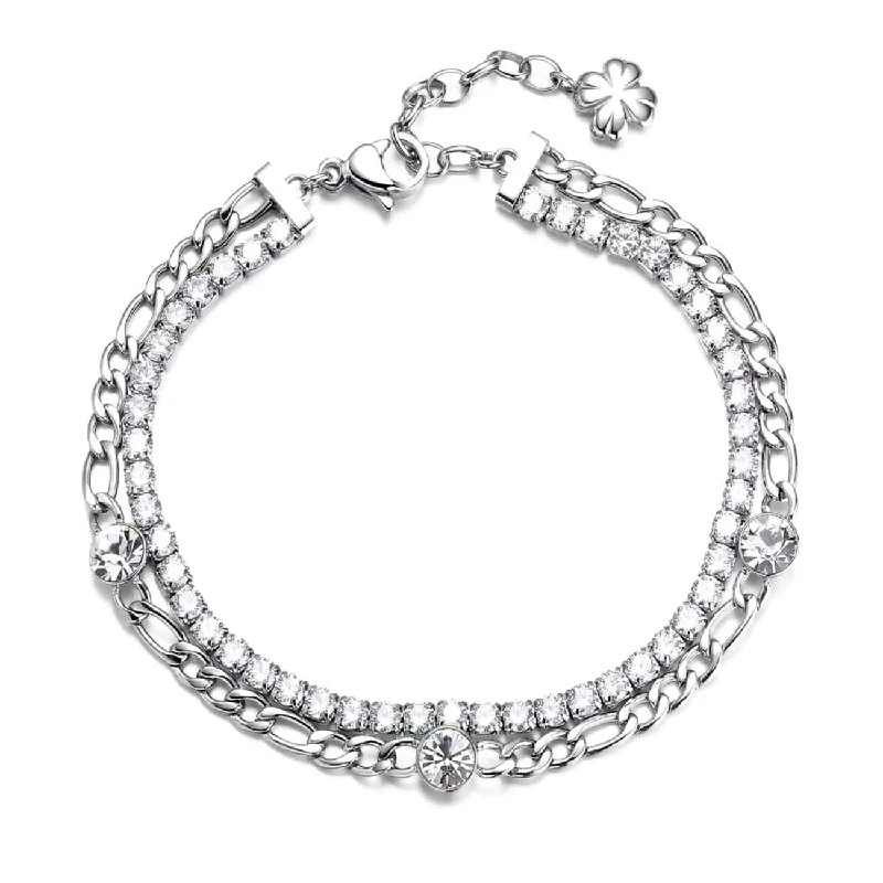 women's bracelets with link chain -Stainless Steel Double Bracelet with Crystal Line & Stations