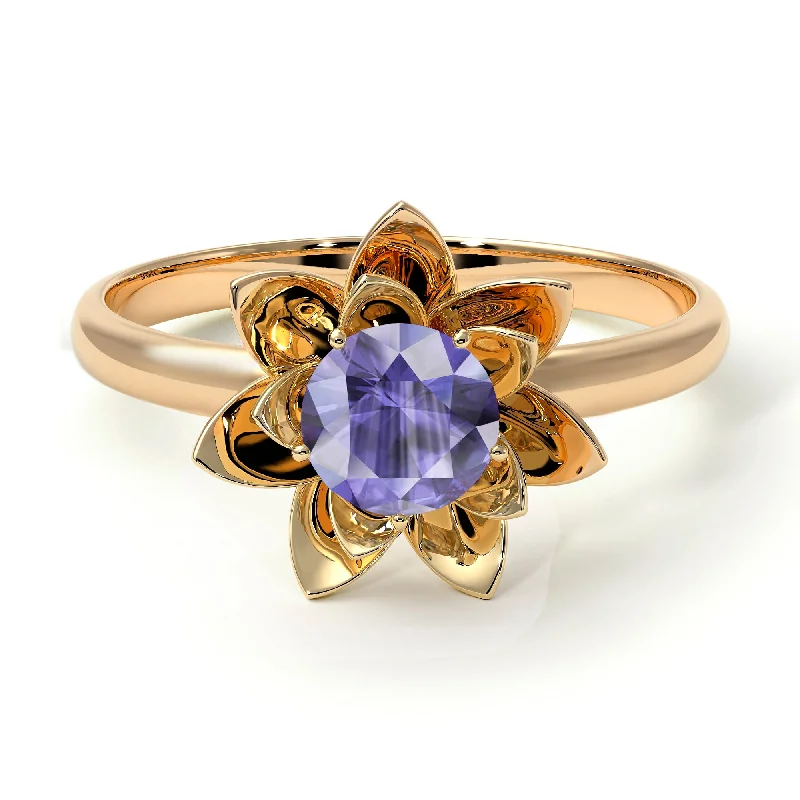 women's engagement rings with open setting -Lotus Flower Solitaire Tanzanite Ring - Lotus no. 201