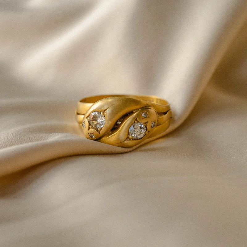 women's engagement rings with square-cut diamonds -Vintage 18k Double Snake Ring with Diamond Eyes and Heads