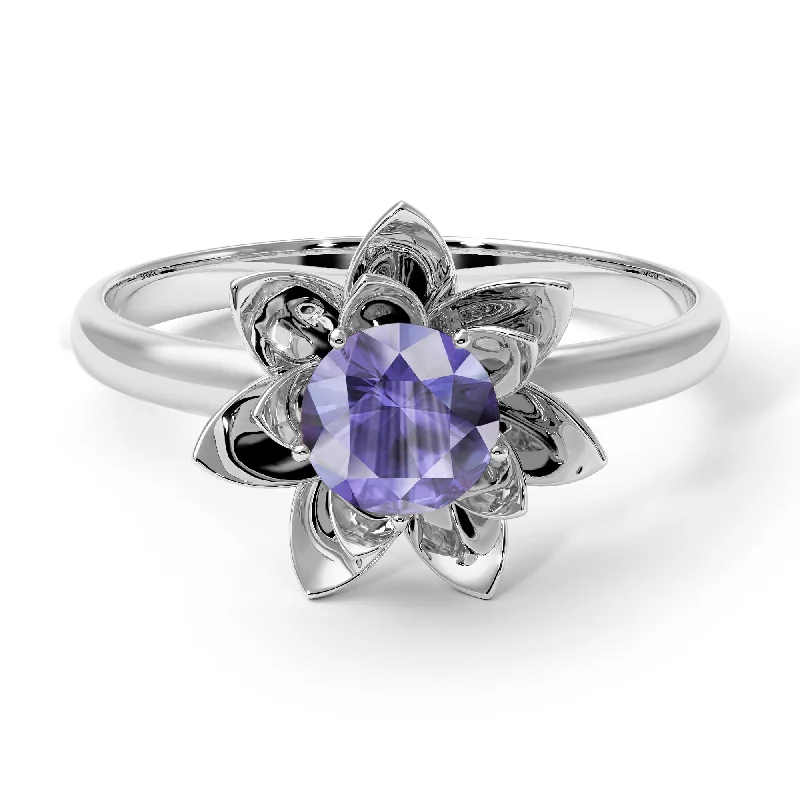 women's engagement rings with double-row diamonds -Lotus Flower Solitaire Tanzanite Ring - Lotus no. 203