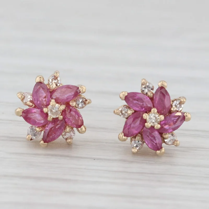 women's earrings with hoop and stud combo -0.72ctw Ruby Diamond Flower Stud Earrings 14k Yellow Gold