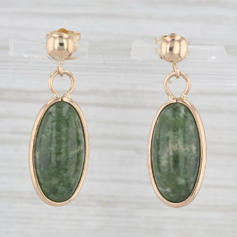 women's earrings with small studs -Green Marbled Serpentine Oval Cabochon Drop Earrings 14k Yellow Gold