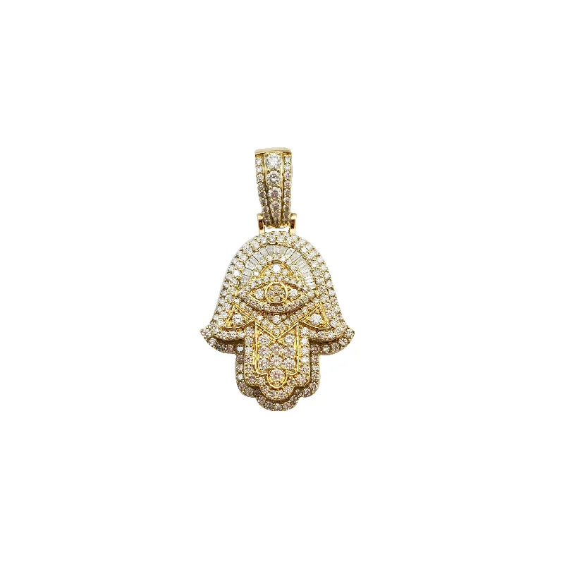 women's engagement rings with diamond pave -Diamond Baguette & Round Hamsa Pendant (14K)