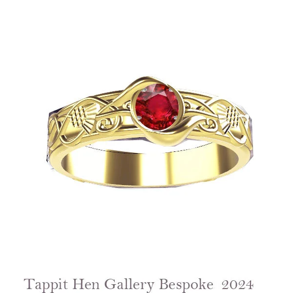 women's rings with gemstone center -Scottish Thistle Edinburgh Celtic Garnet Ring in Yellow Gold  Flow Set