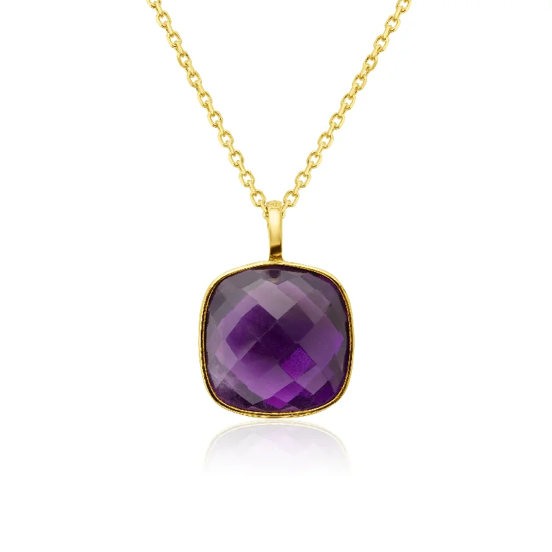 women's necklaces with beaded accents -Yellow Gold Checkerboard Amethyst Necklace