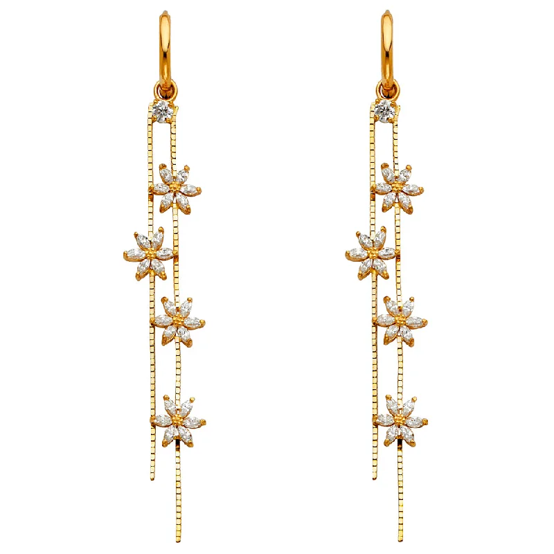 women's earrings with teardrop gemstones -14K Gold CZ Flower Hanging Earrings