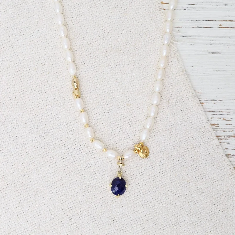 women's necklaces with luxury stones -White Pearl with Lapis Necklace