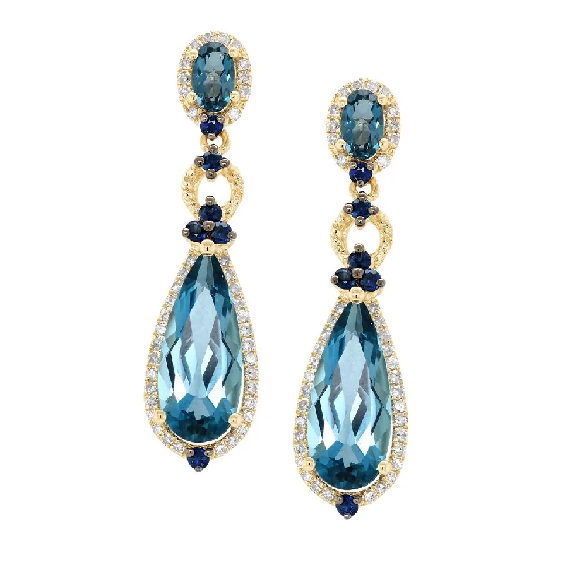 women's earrings with glittering diamonds -YELLOW GOLD EARRINGS WITH BLUE TOPAZ, SAPPHIRE AND DIAMONDS, 32 CT TW