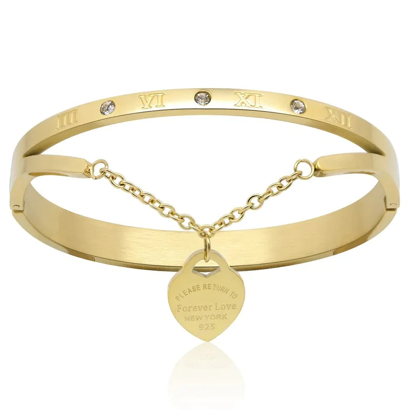 women's bracelets with smooth metal -FOREVER LOVE STAINLESS STEEL BANGLE BRACELET