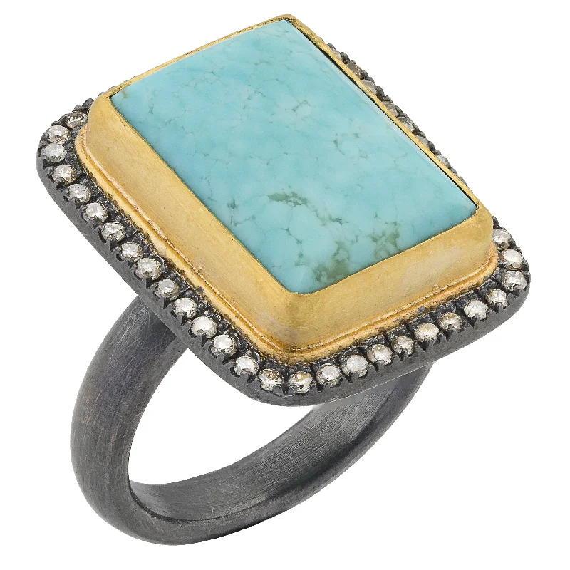 women's engagement rings with multi-stone design -Lika Behar "My World" Ring in 24K Gold & Oxidized Silver with Rectangle Kingman Turquoise & Champagne Diamonds