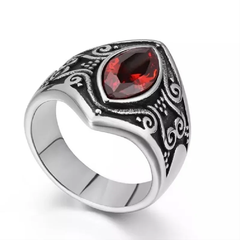 women's rings with engraved band -Stainless Steel Red Stone Carved Ring