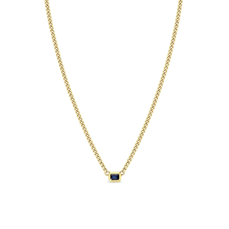 women's necklaces with sleek chain -14k Emerald Cut Blue Sapphire Bezel Curb Chain Necklace