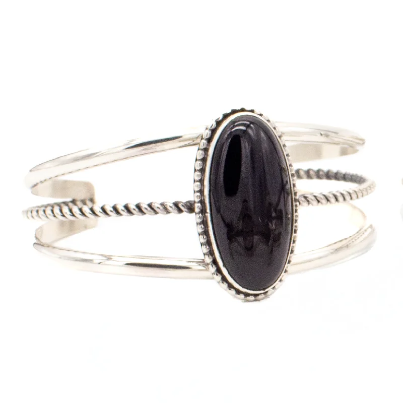 women's bracelets with wrap design -Walter Vandever Navajo Handmade Sterling Silver Onyx Cuff Bracelet