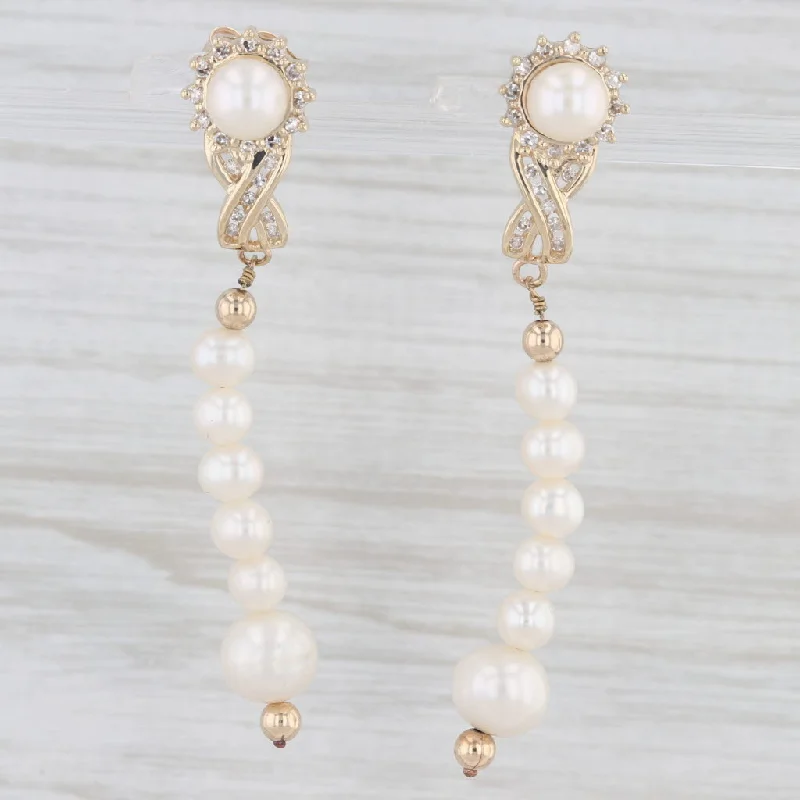 women's earrings with dangle design -Cultured Pearl Diamond Drop Earrings 14k Yellow Gold Dangles