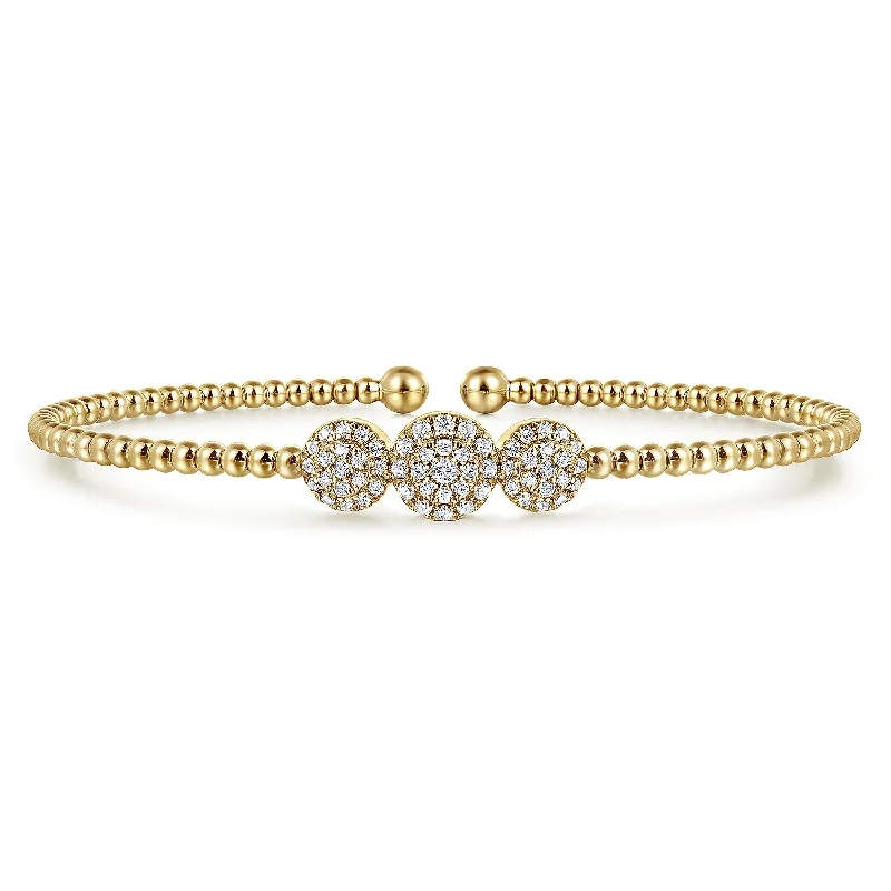 women's bracelets with gemstones -14K Yellow Gold Bujukan Bead Cuff Bracelet with Three Pavé Diamond Stations