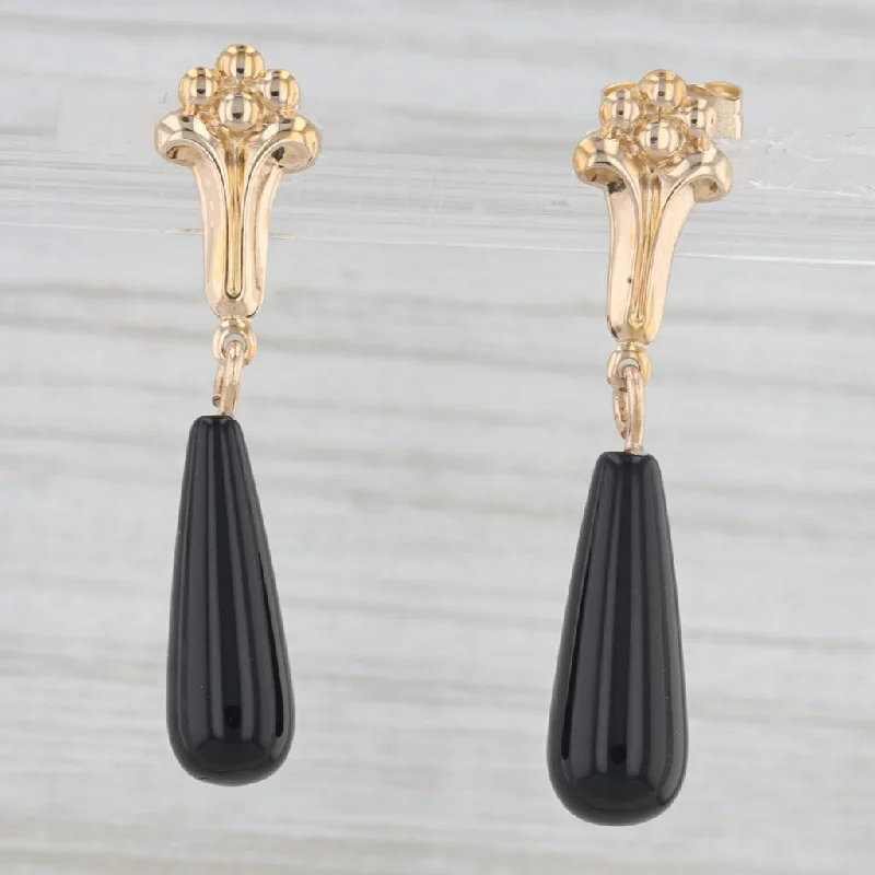 women's earrings with modern hoop design -Onyx Teardrop Dangle Floral Earrings 14k Yellow Gold