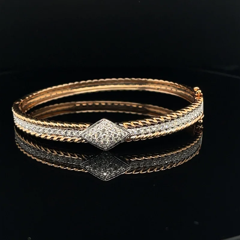 women's bracelets with cuff design -Diamond Retro Herringbone Bangle Bracelet in 18k Rose Gold - (#111-BGDIA042626)