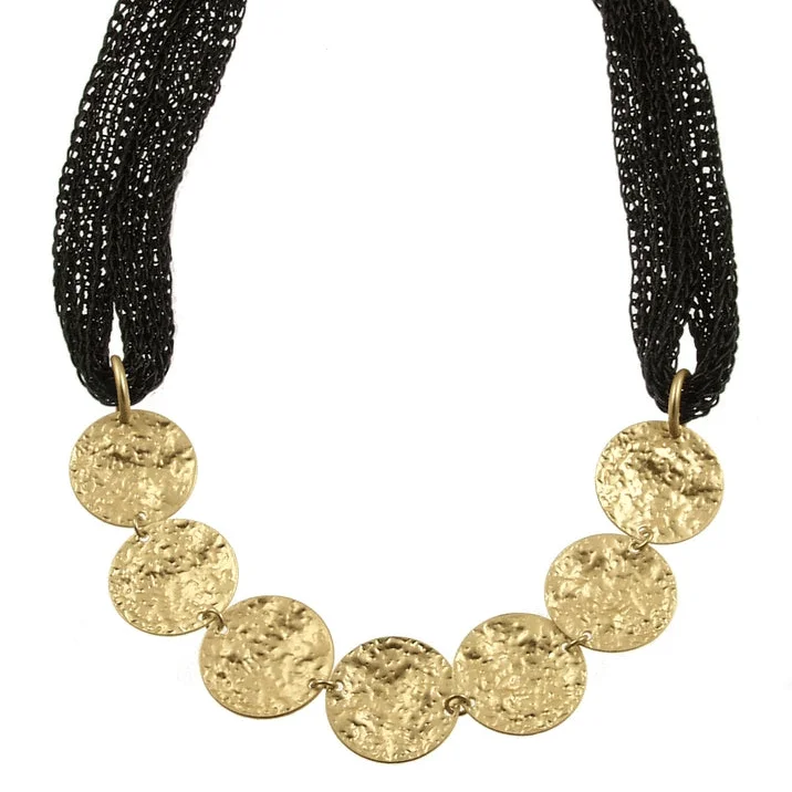 women's necklaces with long chain -Black Mesh with Gold Disc Necklace