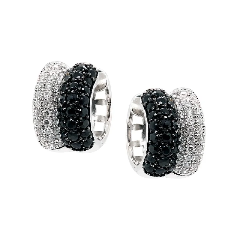 women's earrings with glamorous design -WHITE GOLD HOOP EARRINGS WITH DIAMONDS AND BLACK ONYX