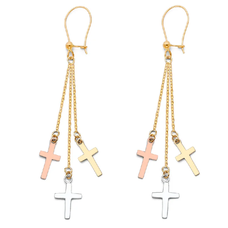 women's earrings with simple stud -14K 3C 3 Cross Hanging Earrings