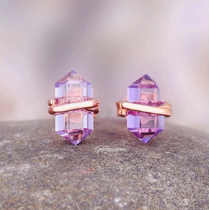 women's earrings with bezel-set stones -Minimalist Raw Alexandrite Stud Earrings- 14K Rose Gold Vermeil