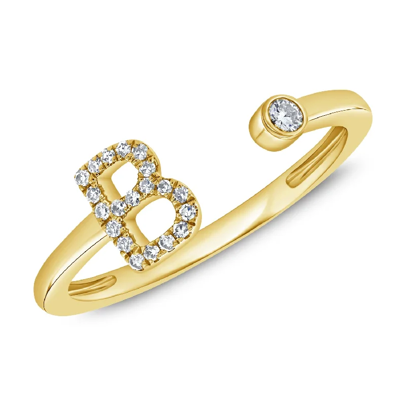 women's engagement rings with adjustable band -Diamond 'B' Initial Open Ring with Bezel Accent in 14K Gold