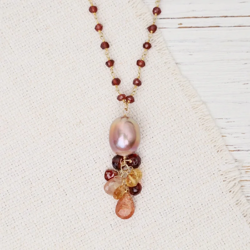 women's necklaces with multi-colored stones -Champagne Edison Pearl, Sunstone, Garnet, Citrine Pendant Necklace