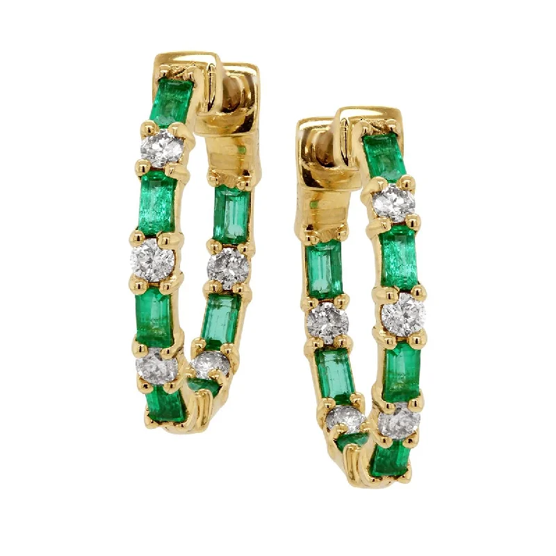 women's earrings with hoop design -YELLOW GOLD HOOP EARRINGS WITH EMERALDS AND DIAMONDS, .32 CT TW