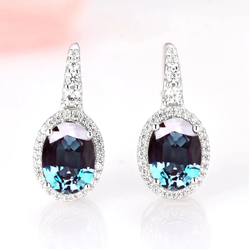 women's earrings with detailed engraving -Oval Halo Alexandrite Earrings- Sterling Silver