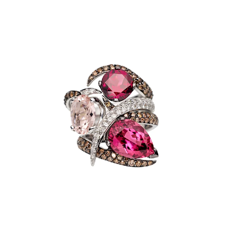 women's rings with amethyst -Interlocking Aurora Ring Set - 18ct White Gold & Pink Tourmaline, Morganite, Rhodalite