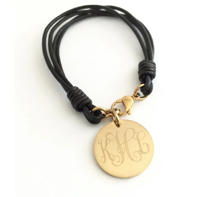 women's bracelets with custom design -Leather Monogram Bracelet With Gold Charm