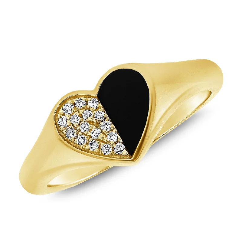 women's engagement rings with elegant setting -Timeless Heart Pinky Ring with Black Agate and Diamonds in 14K Gold