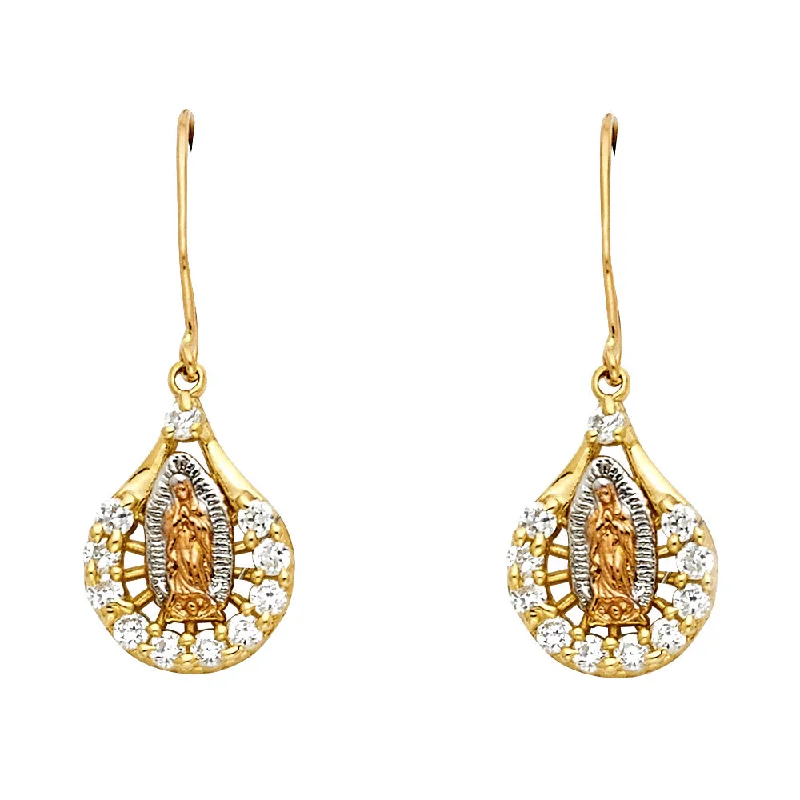 women's earrings with multi-stone design -14K  Hanging CZ Our Lady of Guadalupe Earrings