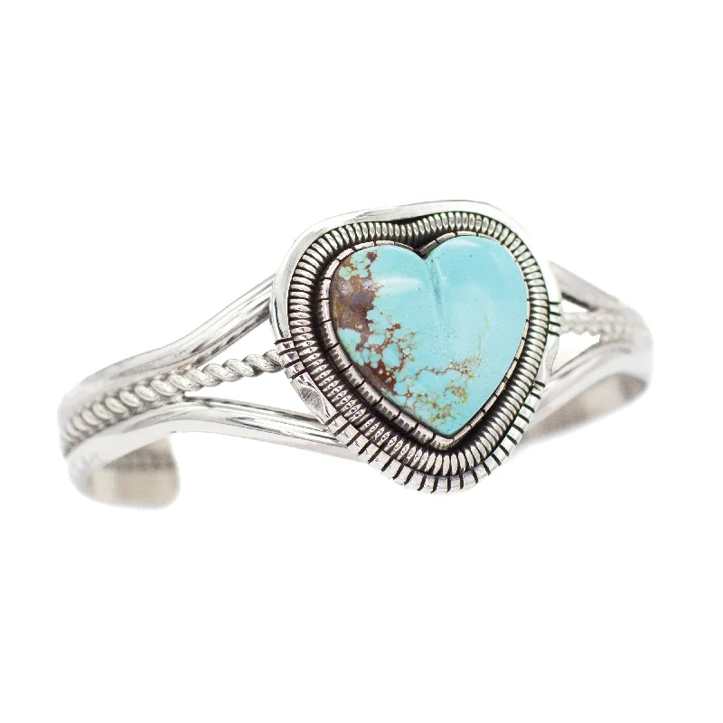 women's bracelets with nature-inspired design -Walter Vandaver Navajo Handmade Sterling Silver Turquoise Heart Cuff Bracelet