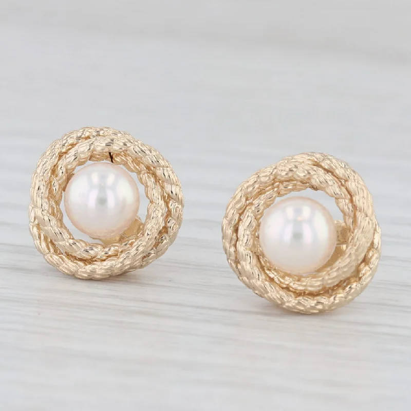 women's earrings with sapphire -Round Cultured Pearl Knot Stud Earrings 14k Yellow Gold