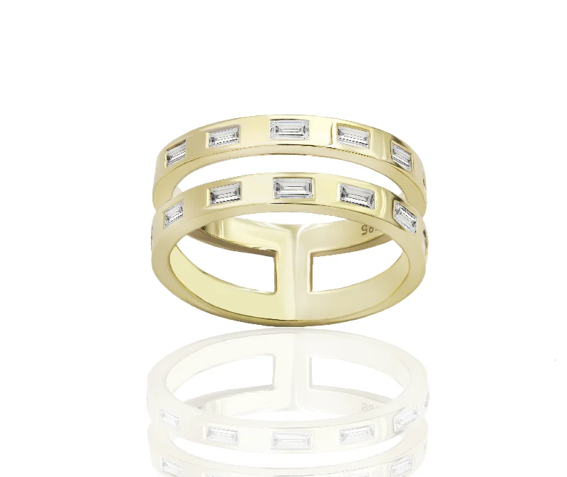 women's engagement rings with band engraving -Double Open Band Ring with Baguette Diamonds set in 14kt Gold