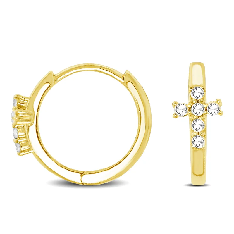 women's earrings with hoop design -10K Yellow Gold 1/8 Ctw Diamond Cross Hoop Earrings