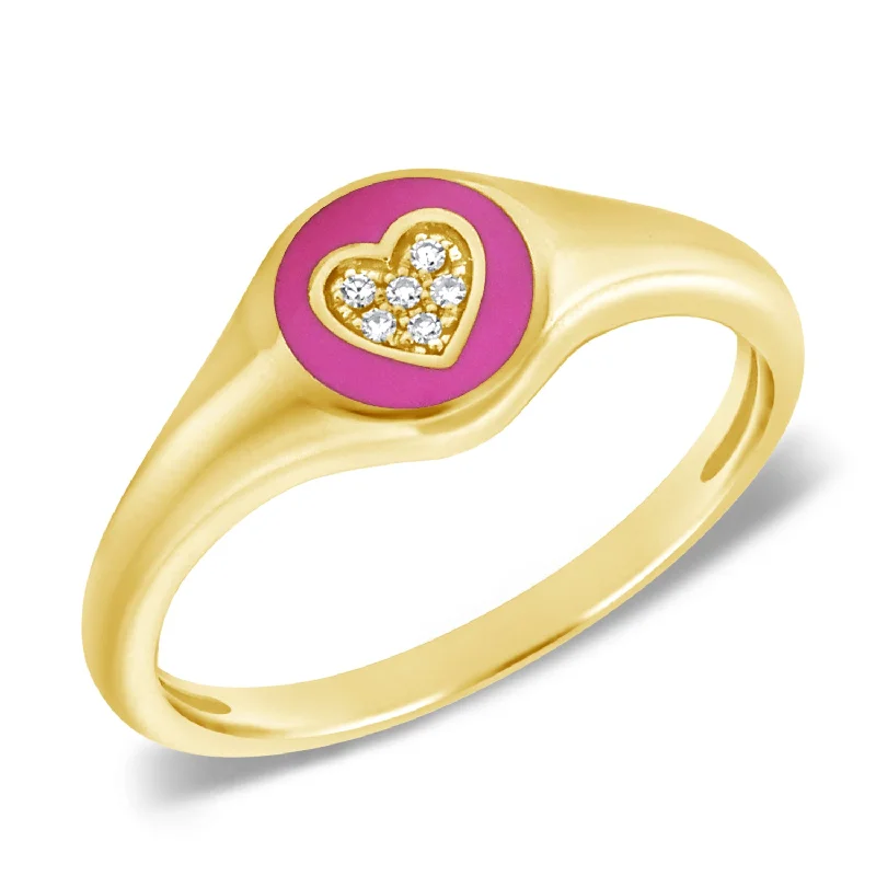 women's engagement rings with black diamonds -Heart Pinky Ring with Pink Enamel and Diamonds in 14K Gold