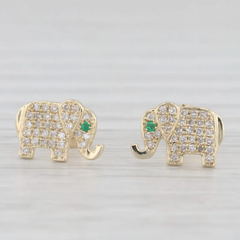 women's earrings with turquoise -New 0.20ctw Diamond Emerald Elephant Stud Earrings 10k Yellow Gold