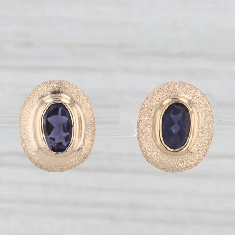 women's earrings with drop gemstone -0.75ctw Oval Blue Iolite Stud Earrings 14k Yellow Gold